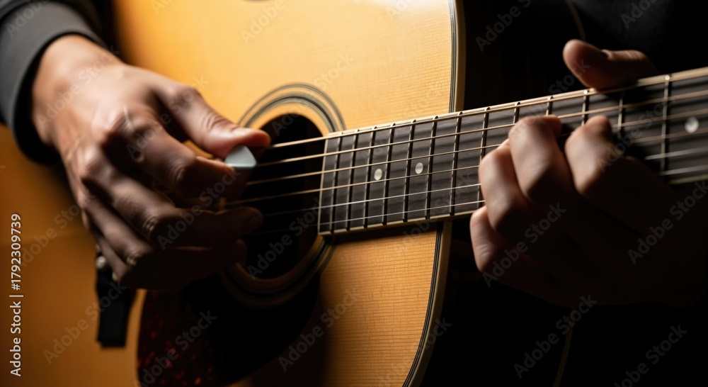 Fototapeta premium Close-Up of Male Musician's Hands Playing Acoustic Guitar with Focus on Technique and Expression