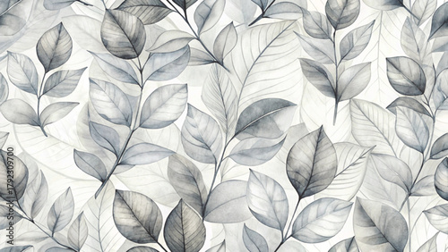 soft watercolor leaves pattern, delicate gray monochrome palette Vector background 