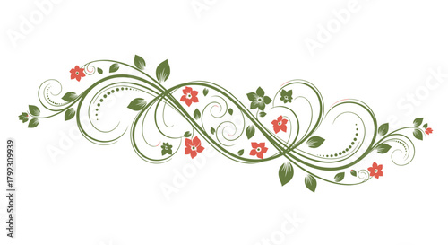 Elegant floral flourish with swirling vines and small red flowers decorating the center.