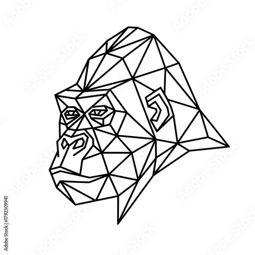 Geometric gorilla head in black line art, minimalist polygonal style