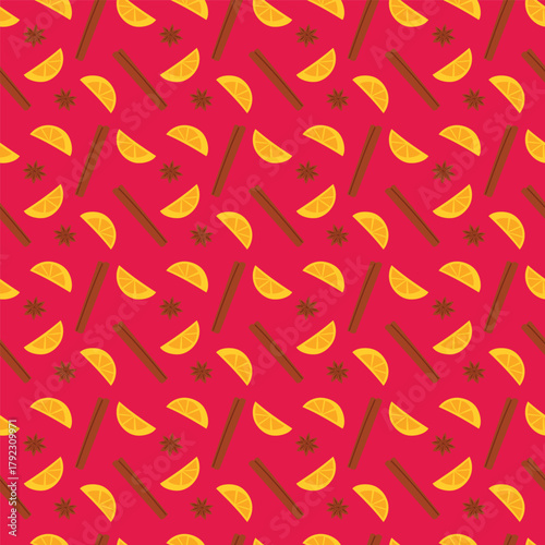 seamless spice of mulled wine with orange, star anise, cinnamon on red wine background, christmas drink repeated wallpaper, mulled wine spice ornament paper illustration