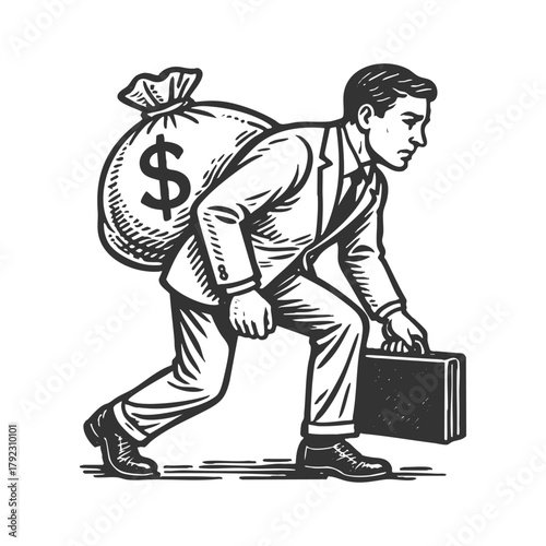 businessman struggling under the weight of a large money bag, financial burden or wealth pressure sketch engraving generative ai fictional character vector illustration. Scratch board. Black and white