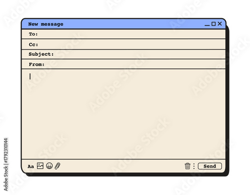 Retro 90s computer interface with new email message window. Vintage digital communication, old PC software design, nostalgic technology concept. Flat vector illustration isolated on white background.