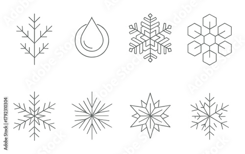 Set of eight geometric snowflake icons on metallic background