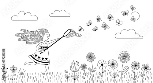 A whimsical illustration of a person blowing bubbles in a field of dandelions under a cloudy sky.