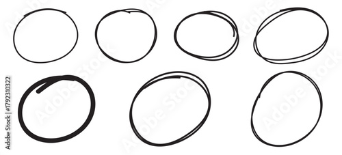Set of hand-drawn scribble ovals and circles, marker highlight frames, isolated on transparent background