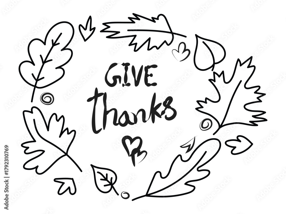 Fototapeta premium Give thanks leaf wreath, Autumn gratitude art, Thanksgiving line wreath