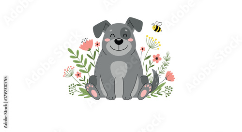 A happy gray dog sits in a field of colorful wildflowers with a bee flying nearby.