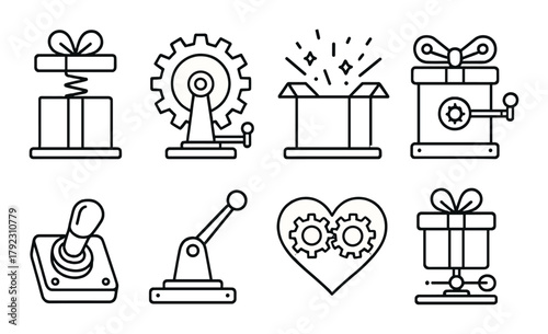 Icons of mechanical gears and gift boxes in line art style