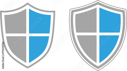 Two blue and gray shield icons with white borders on white background security protection