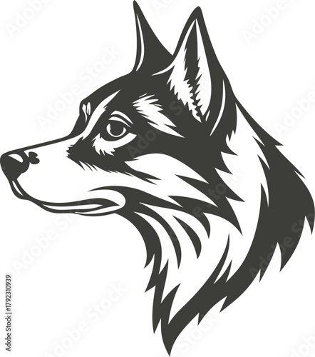 Stylized black and white illustration of a husky dog head profile