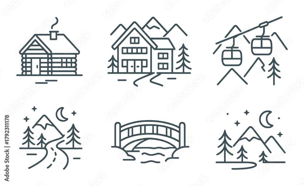 Fototapeta premium Minimalist mountain retreat icons: cabin, lodge, gondola, bridge, night sky