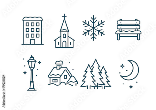 Winter icon set with buildings, church, snowflake, bench, moon, trees, and lamp