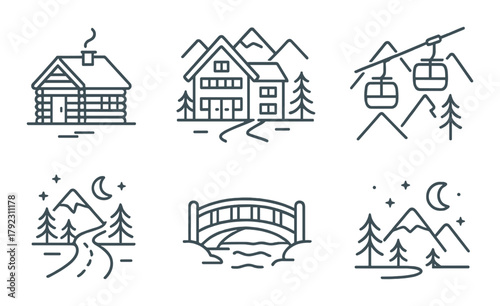 Minimalist mountain retreat icons: cabin, lodge, gondola, bridge, night sky