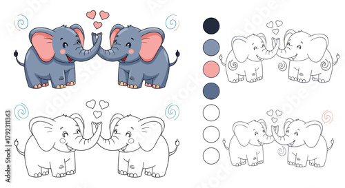 Adorable elephants sharing love with hearts and playful bubbles.