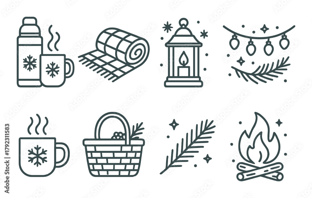 Fototapeta premium Cozy winter icons with thermos, mug, blanket, lantern, string lights, picnic basket, and campfire
