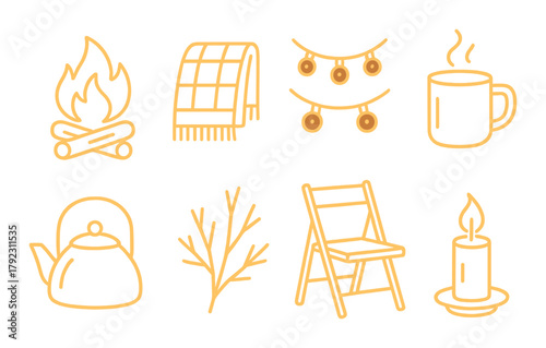 Cozy autumn icons: campfire, blanket, lights, hot drink, teapot, branch, chair, candle