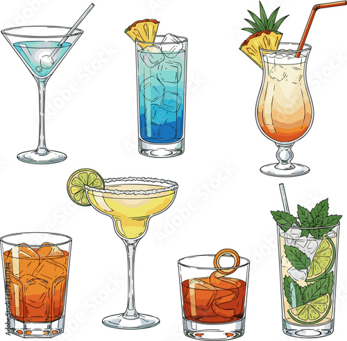 Isolated a kinds of deferent Hand drawn set of alcoholic cocktails vector art with white background..