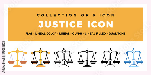 Justice Icon Set Flat. Lineal. Glyph. and Dual Tone Scales Vector Icons
