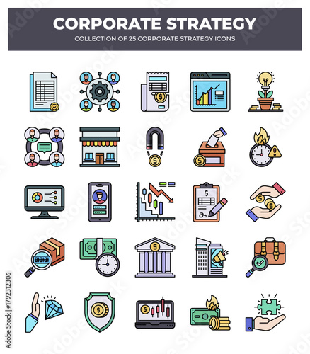 Collection of 25 Corporate Strategy Icons: Business. Finance. and Marketing Visuals
