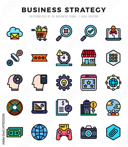 Vector icons set of Business Strategy. Lineal Color style Icons.