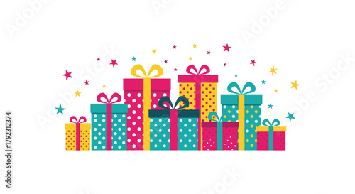 A collection of colorful wrapped presents with confetti floating above them.