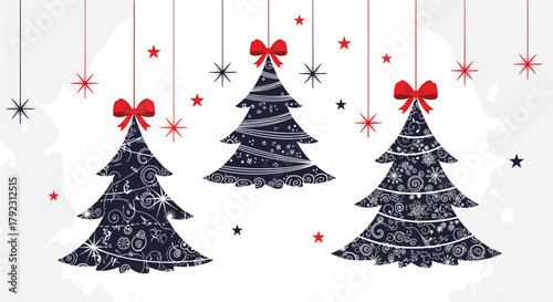 Festive christmas trees with red bows and falling snowflakes on a white background.