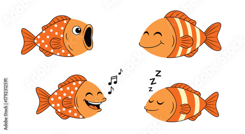 A collection of four cartoon fish displaying different emotions and actions such as singing sleeping and talking.