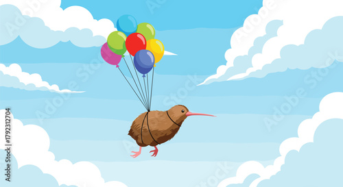 A cartoon kiwi bird is floating in the sky with balloons.