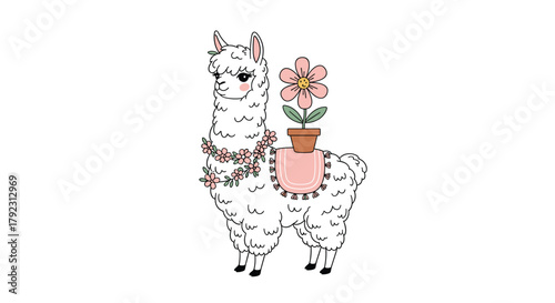 A cute llama with a flower in a pot on its back wearing an apron.