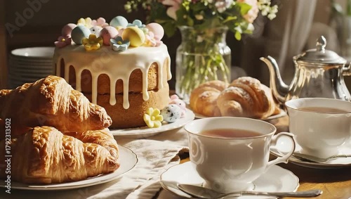 Serving Easter Cake with Croissants and Tea for a Festive Celebration