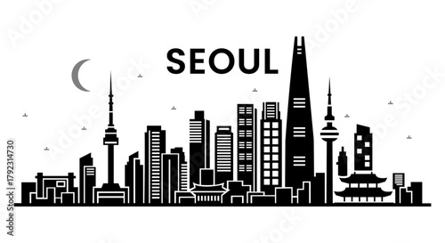 Seoul skyline silhouette vector. South Korea cityscape icon at night with famous landmarks like N Seoul and Lotte World