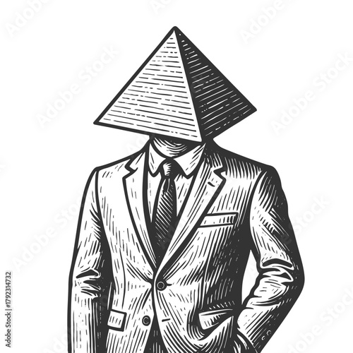 man in a suit holding a briefcase with a pyramid replacing his head, abstract thinking sketch engraving generative ai fictional character vector illustration. Scratch board. Black and white image.