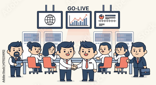 Cartoon Business Team in Live Broadcast Control Room Monitoring Data