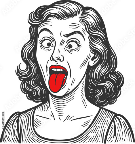 surprised woman with wide eyes and red tongue out, combining humor, attitude, and emotion sketch engraving generative ai fictional character vector illustration. Scratch board. Black and white image.