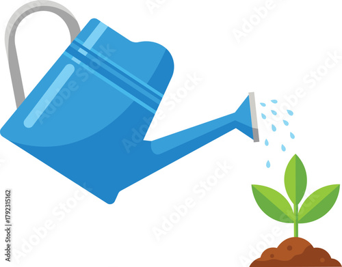 Blue watering can showering water on a small green seedling in brown soil pouring plant