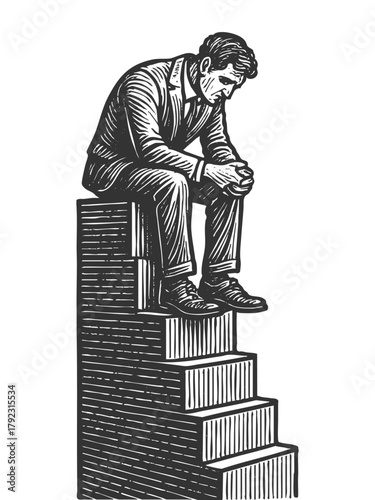 businessman sitting alone at the top of a staircase, isolation and emptiness despite achievement sketch engraving generative ai fictional character vector illustration. Scratch board. Black and white.