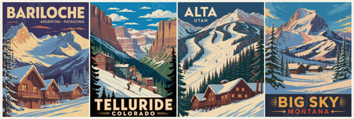 Vintage-style travel poster set of four mountain destinations—Bariloche, Telluride, Alta, Big Sky—with snow-covered cabins, ski slopes, pine trees, and stylized winter landscapes.