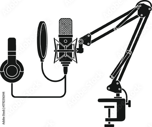 Black and white vector illustration of podcasting equipment including headphones microphone pop filter and adjustable arm stand for studio recording and broadcasting