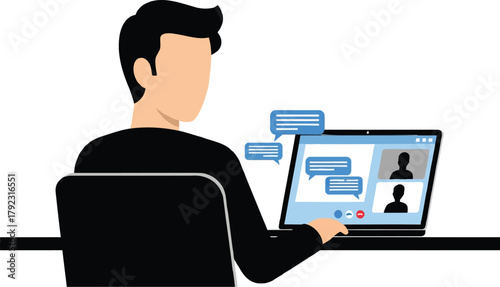 Man participating in a video conference call on his laptop from home for remote work and online communication with colleagues and friends during social distancing and quarantine measures