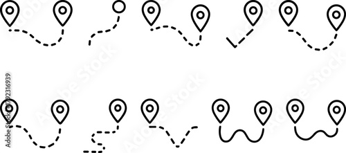 Location and navigation icons set. Map pin, route, destination, global positioning. Outline vector illustrations