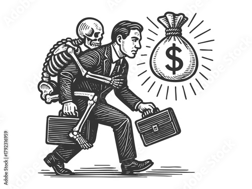 businessman walking toward a glowing money bag and skeleton clings to his back, symbolizing greed and mortality sketch engraving generative ai vector illustration. Scratch board. Black and white.