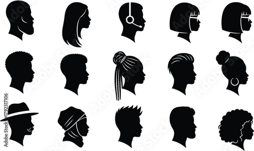 Diverse human head silhouettes with unique hairstyles, accessories, and cultural styles in profile view for fashion, identity, and design themes.