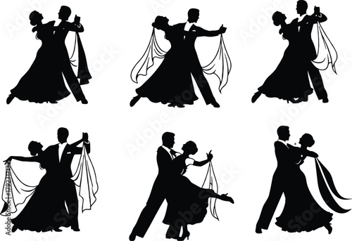 Elegant ballroom dance silhouette set featuring formal couples in graceful poses, ideal for dance, performance, and cultural vector illustrations.