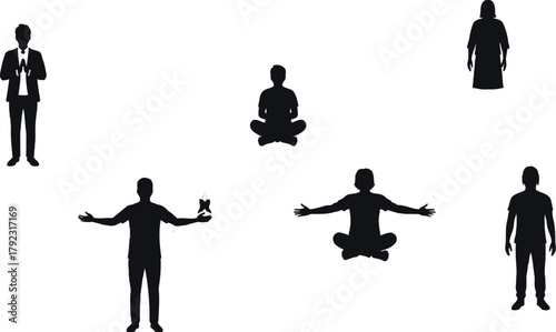 Silhouettes of diverse people in various poses against a white background representing community and connection through meditation and mindfulness practices for wellness and balance