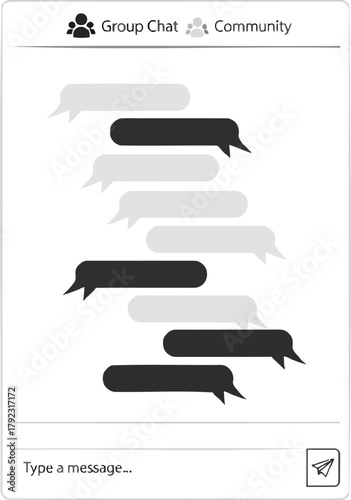 Online communication interface displaying message bubbles in a group chat setting for social media and digital interaction one on one conversations and community engagement