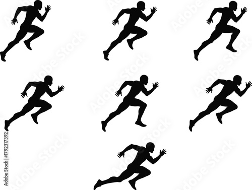 Running man silhouette sequence showing sprint motion phases, black vector illustration for sports, fitness, animation, biomechanics, and athletic design themes.