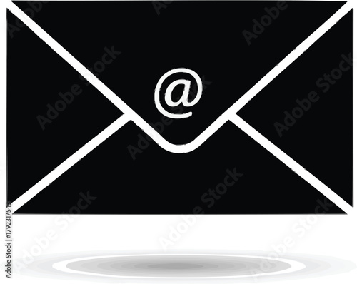 Black and white email envelope icon with an at symbol for digital communication and online messaging representing modern correspondence and electronic mail delivery services