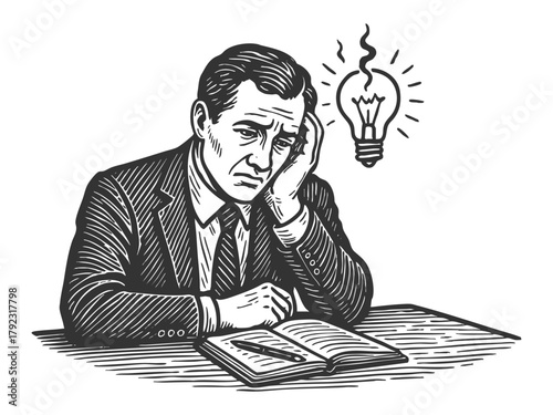 tired businessman with dim lightbulb over his head, symbolizing creative block sketch engraving generative ai fictional character vector illustration. Scratch board. Black and white.