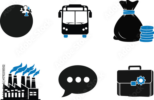 Illustration of diverse business elements showcasing teamwork transportation financial growth manufacturing communication and technological advancements for modern corporate strategies